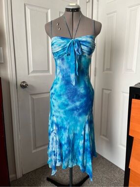 Cache 100% Silk Tie Dye Mermaid Midi Dress, Aqua Blue, Size 6